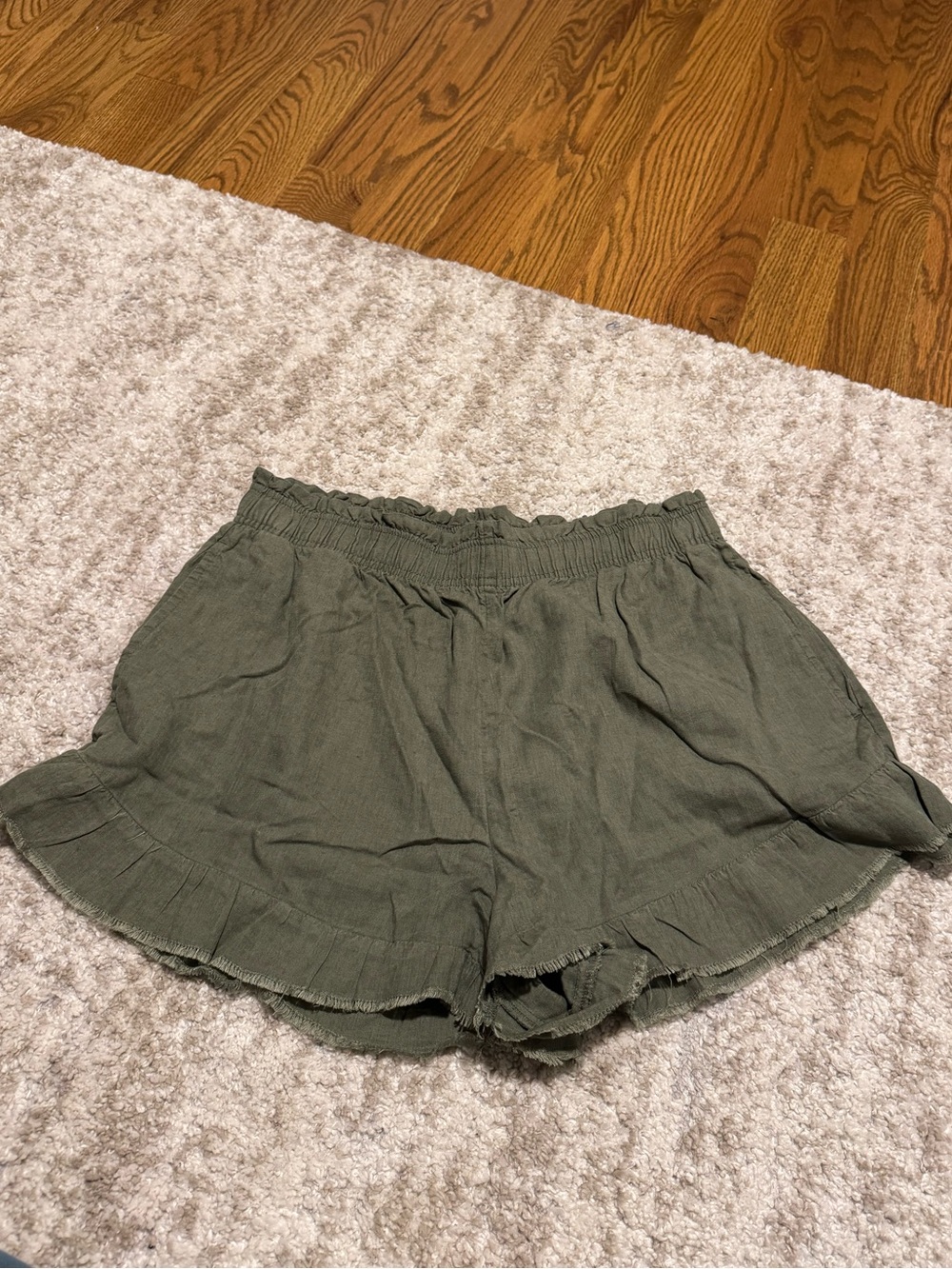 aerie Olive Green High-Waist Ruffle Linen Shorts